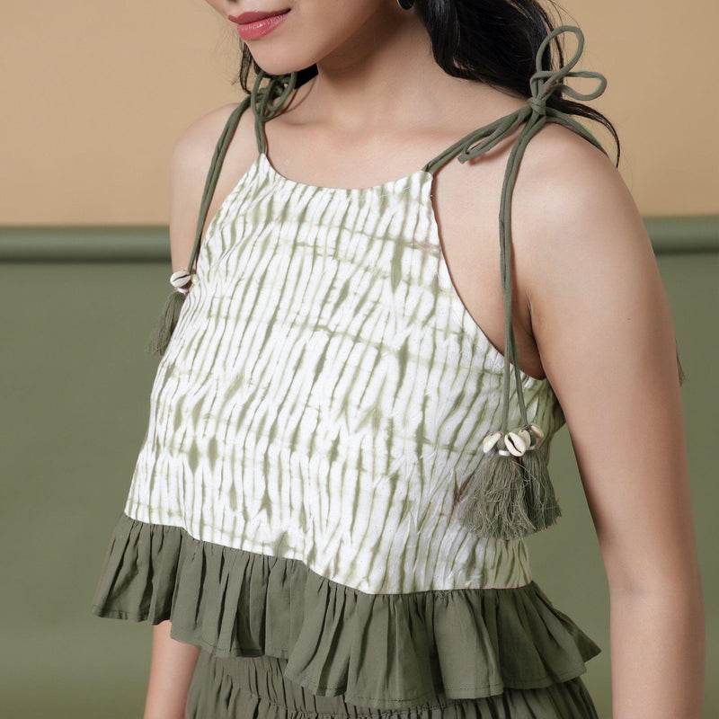 Front Detail of a Model wearing Moss Green Shibori Camisole Top