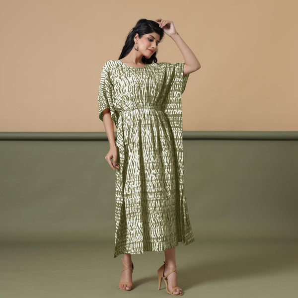 Front View of a Model wearing Olive Green Shibori Kaftan Dress