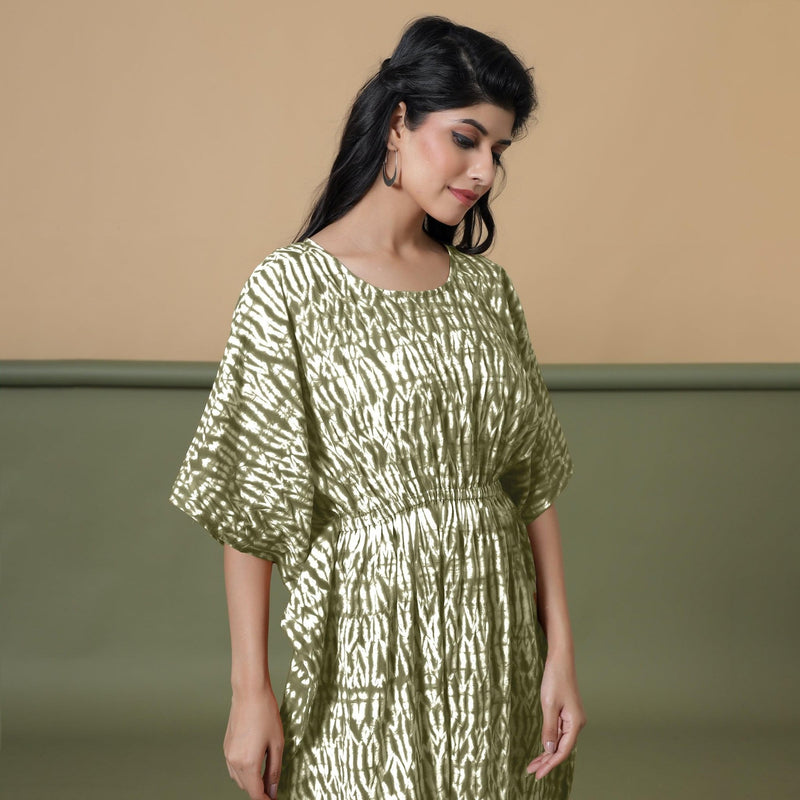 Right View of a Model wearing Olive Green Shibori Kaftan Dress