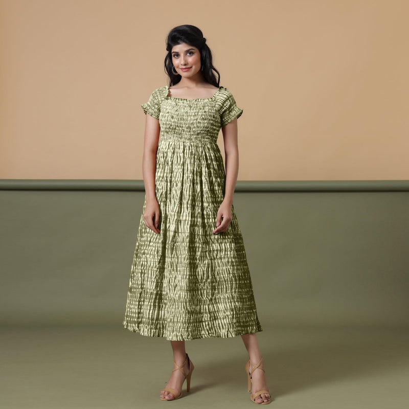 Front View of a Model wearing Light Green Shibori Elasticated Gathered Dress