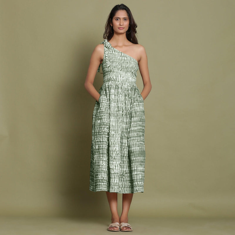 Front View of a Model wearing Light Green Shibori One-Shoulder Midi Dress