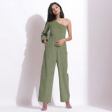 Front View of a Model wearing Sage Green Corduroy One-Shoulder Jumpsuit