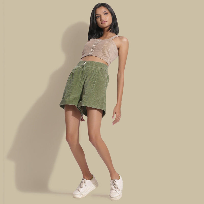 Front View of a Model wearing Sage Green Cotton Corduroy Baggy Shorts