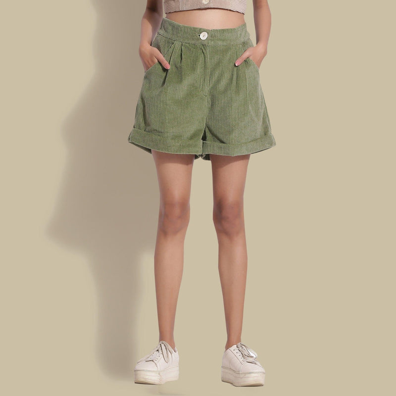 Front View of a Model wearing Sage Green Cotton Corduroy Baggy Shorts