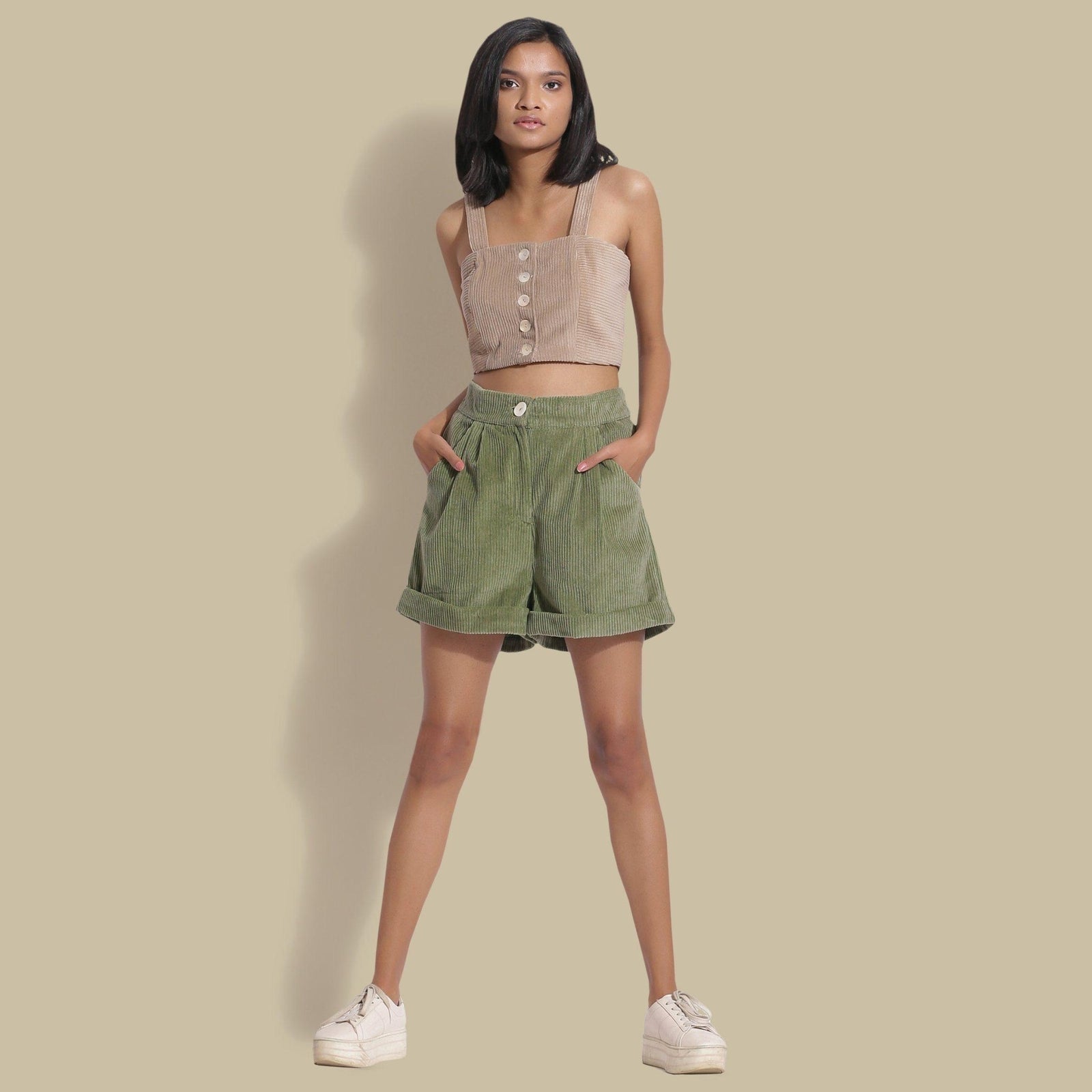 Buy Sage Green Warm Cotton Corduroy Baggy Shorts Online at