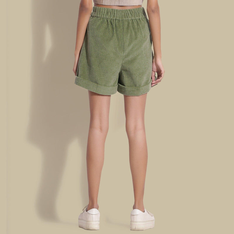 Back View of a Model wearing Sage Green Cotton Corduroy Baggy Shorts