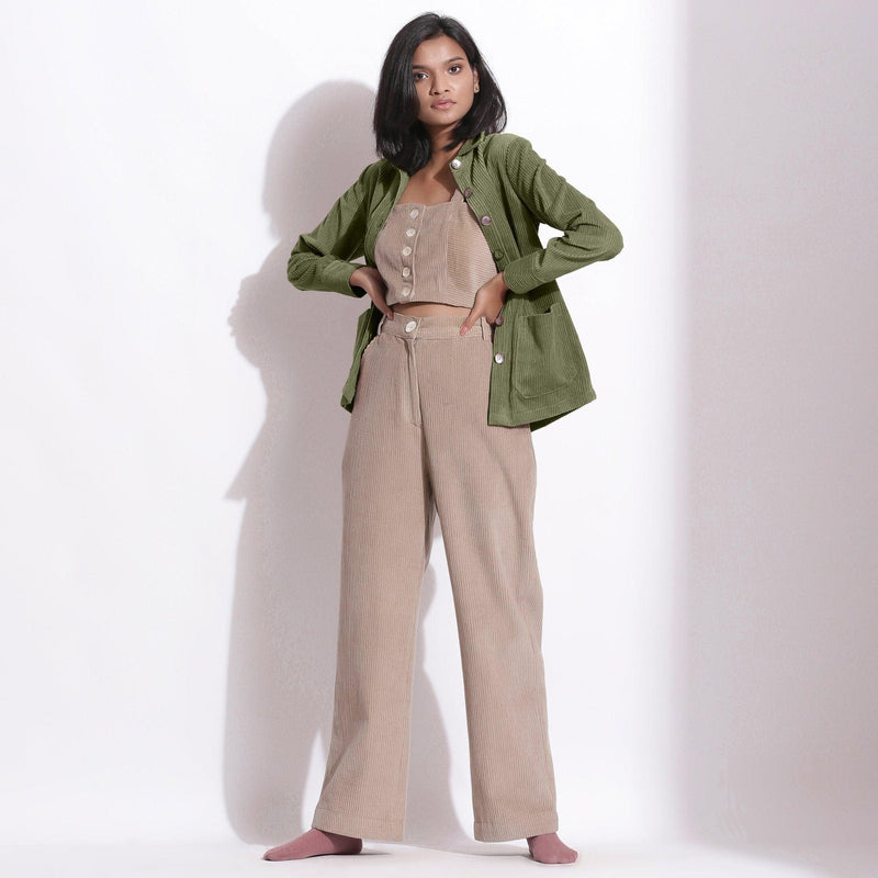 Front View of a Model wearing Sage Green Corduroy Button-Down Pocket Shirt