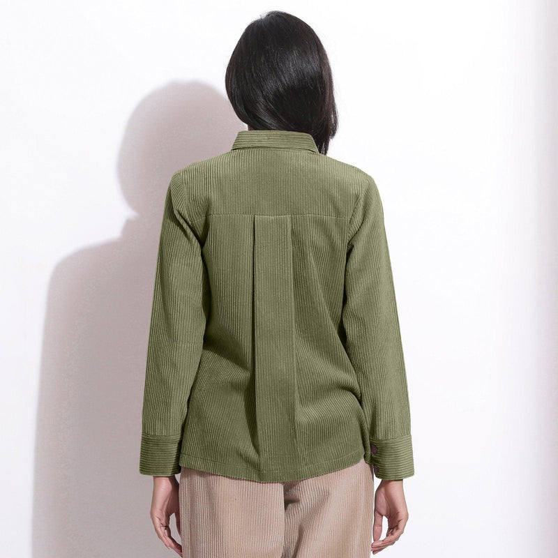 Back View of a Model wearing Sage Green Corduroy Button-Down Pocket Shirt