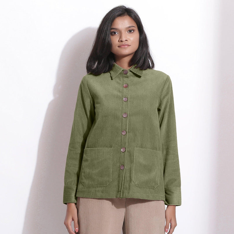 Front View of a Model wearing Sage Green Corduroy Button-Down Pocket Shirt