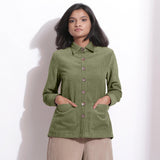 Front View of a Model wearing Sage Green Corduroy Button-Down Pocket Shirt