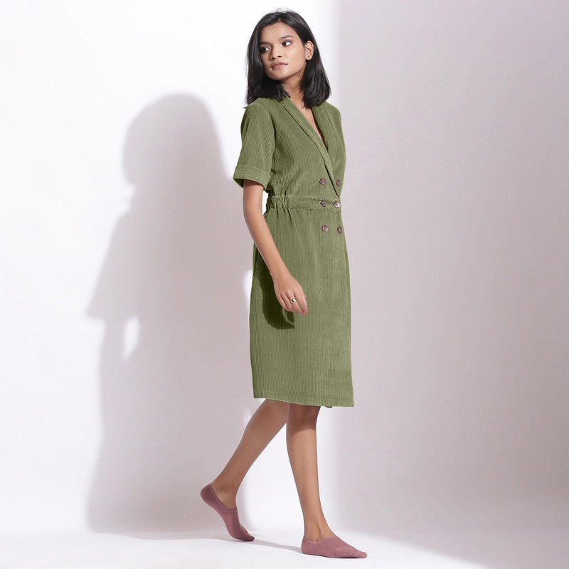 green corduroy dress womens Corduroy Dress Women Midi Fall Vintage Long Sleeve Shirt Dress Business Casual Collared Button Up Tunic Work Dresses Army Green M
