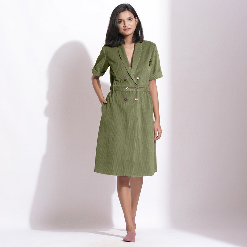 cotton coat dress Sage Green Warm Cotton Corduroy Knee Length Coat Dress 58" / Petite (5'1" and below)