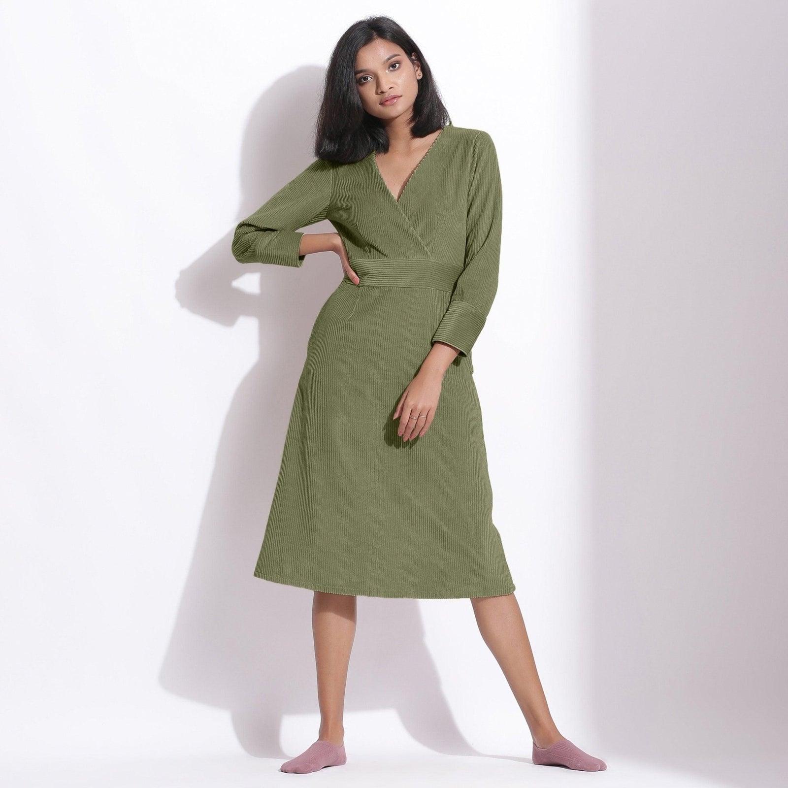 Sage Green Warm Cotton Corduroy Knee Length Dress 38" / Petite (5'1" and below) Sage Green Warm Cotton Corduroy Knee Length Dress 38" / Petite (5'1" and below)