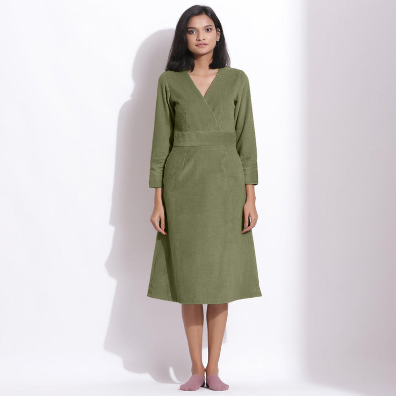 Front View of a Model wearing Cotton Corduroy Sage Green Surplice Dress