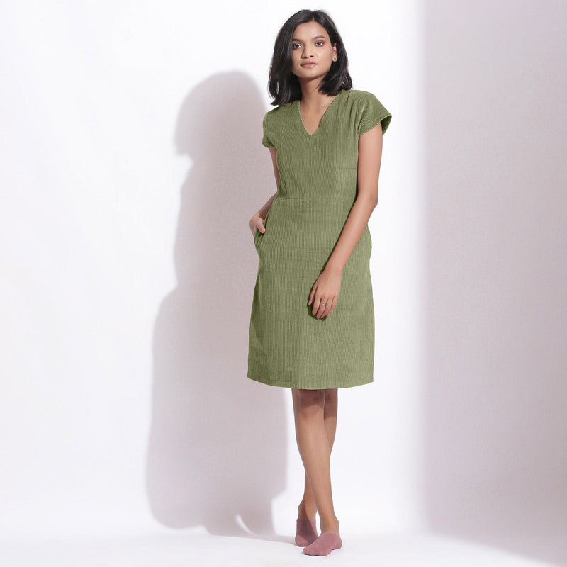 Sage Green Warm Cotton Corduroy Knee Length Shift Dress 66" / Regular (5'2" - 5'6") Sage Green Warm Cotton Corduroy Knee Length Shift Dress 66" / Regular (5'2" - 5'6")
