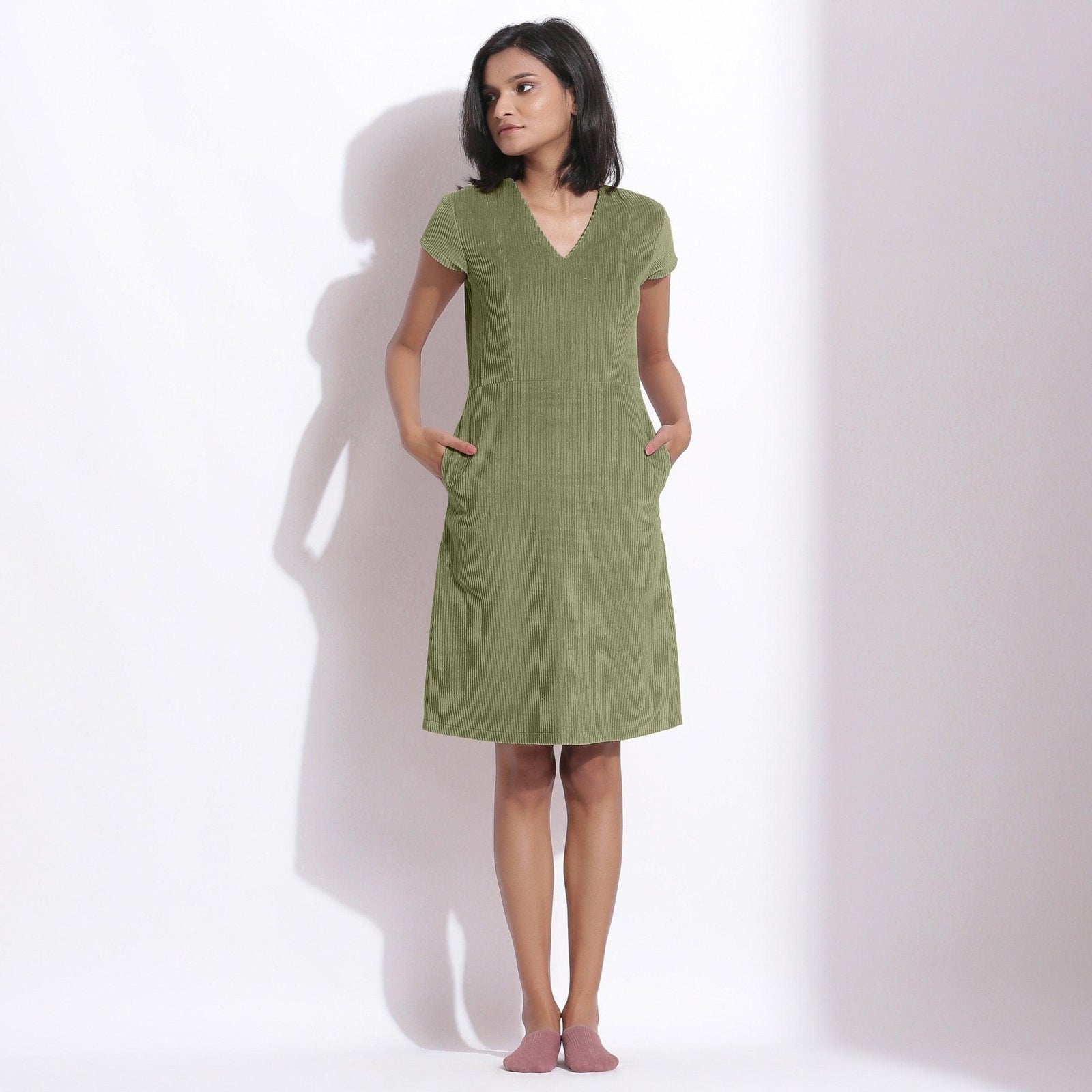 Sage Green Warm Cotton Corduroy Knee Length Shift Dress 66" / Regular (5'2" - 5'6") Sage Green Warm Cotton Corduroy Knee Length Shift Dress 66" / Regular (5'2" - 5'6")