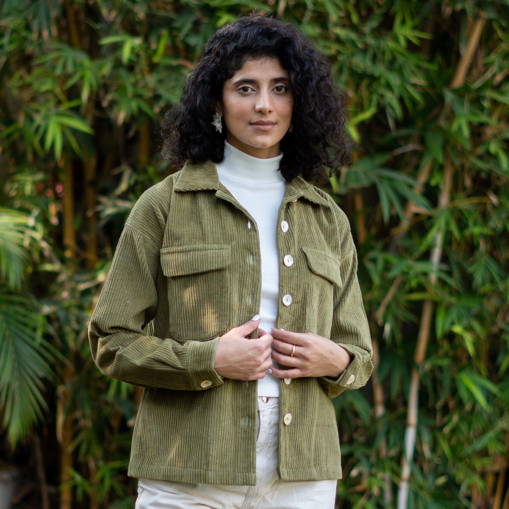 Buy Sage Green Warm Cotton Corduroy Patch Pocket Button-Down Shacket ...