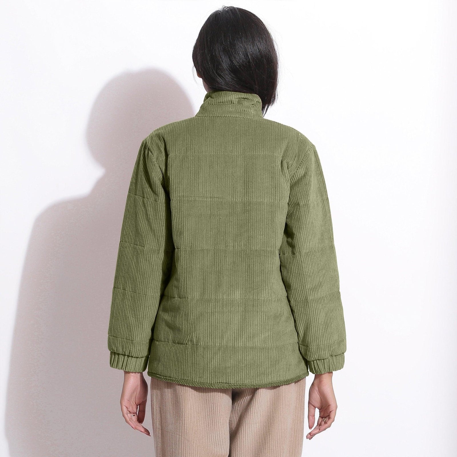 Buy Sage Green Warm Cotton Corduroy Quilted Puffer Jacket Online