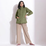 Front View of a Model wearing Sage Green Corduroy Quilted Puffer Jacket