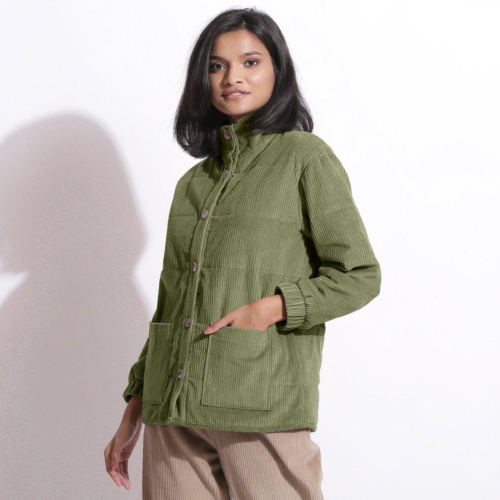 Buy Sage Green Warm Cotton Corduroy Quilted Puffer Jacket Online