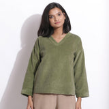 Front View of a Model wearing Sage Green Cotton Corduroy V-Neck Top