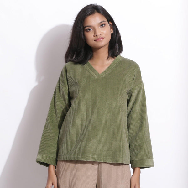 Front View of a Model wearing Sage Green Cotton Corduroy V-Neck Top