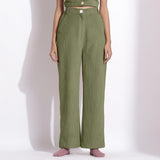 Front View of a Model wearing Sage Green Corduroy Wide-Legged Trouser Pants