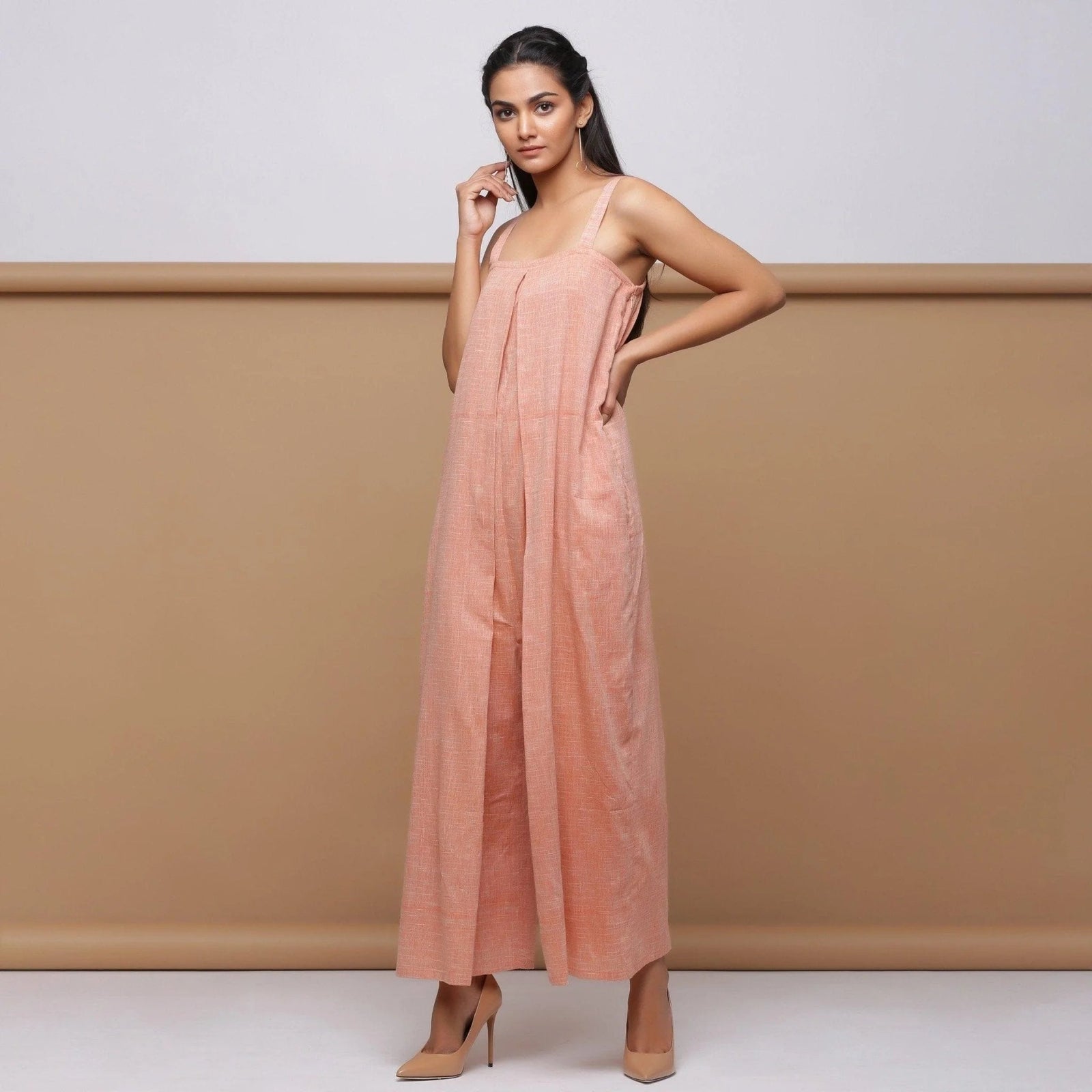 Buy Salmon Pink Cotton Muslin Ankle Length Pleated Jumpsuit Online