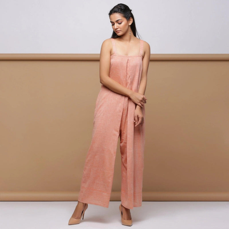 Front View of Model wearing Salmon Pink Handspun Pleated Jumpsuit