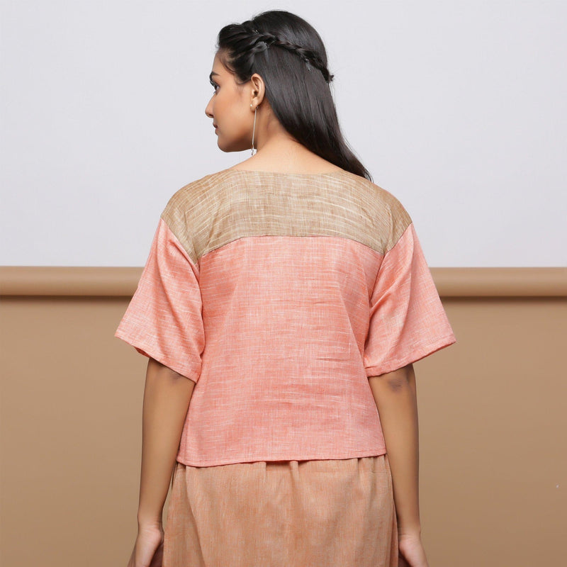 Back View of Model wearing Handspun Yoked Drop Shoulder Top