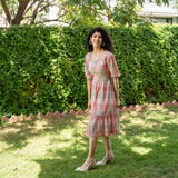 Salmon Pink Crinkled Cotton Tiered Back Cut-Out Boho Dress