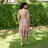 Salmon Pink Crinkled Cotton Tiered Back Cut-Out Boho Dress