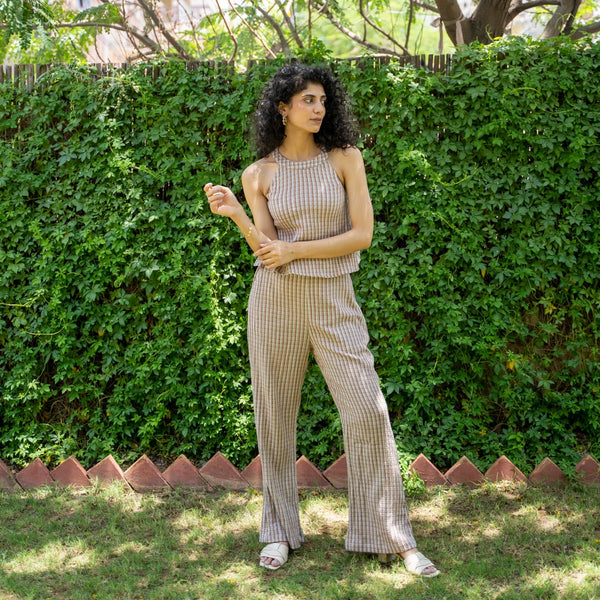 Salmon Pink Halter Neck Top and Bootcut Pant Co-ord Set