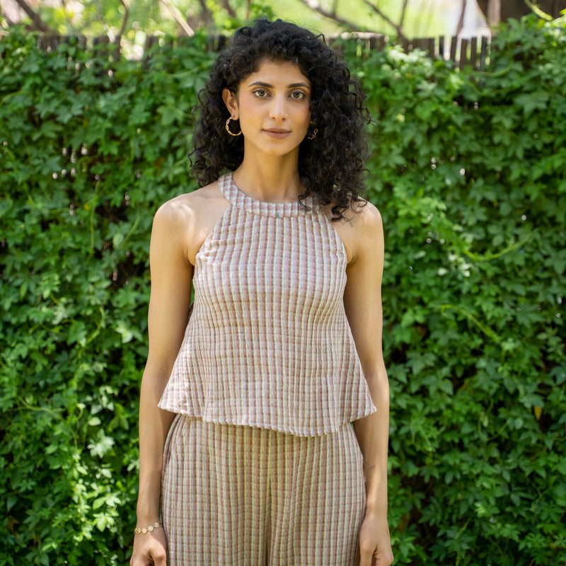 Salmon Pink Halter Neck Top and Bootcut Pant Co-ord Set