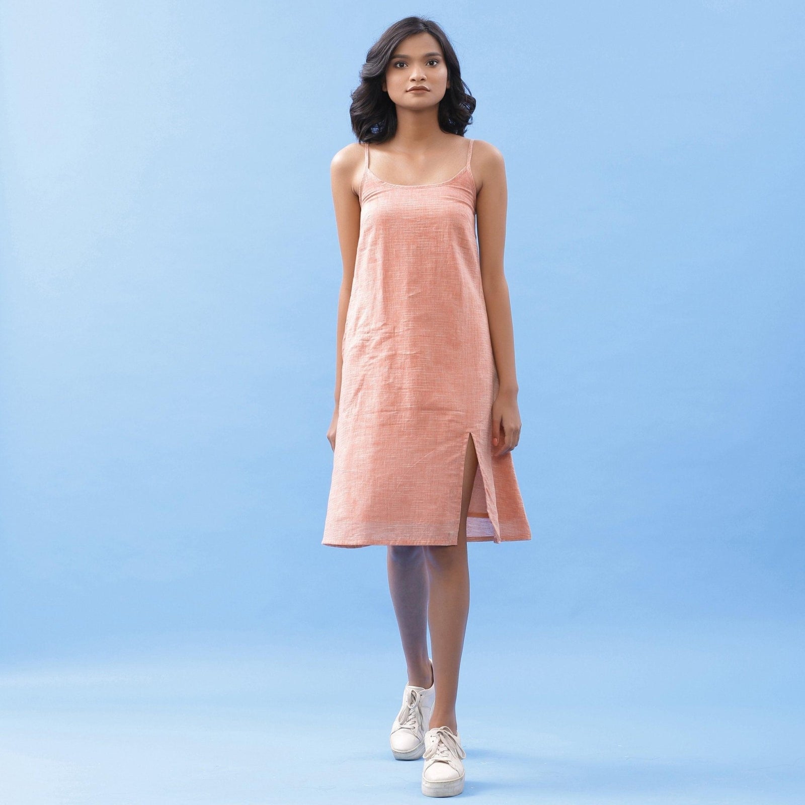 Buy Salmon Pink Handspun Cotton Knee Length A-Line Slit Dress Online at SeamsFriendly Buy Salmon Pink Handspun Cotton Knee Length A-Line Slit Dress Online at SeamsFriendly