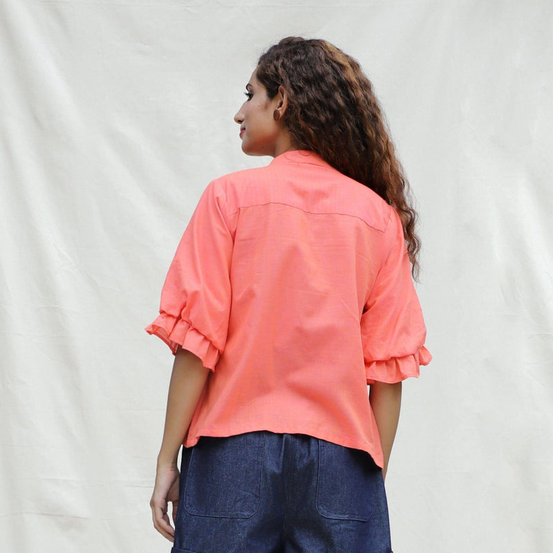 Back View of a Model wearing Salmon Pink Mangalgiri Cotton Button-Down Shirt