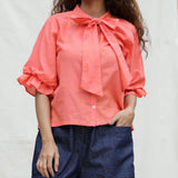 Front Detail of a Model wearing Salmon Pink Mangalgiri Cotton Button-Down Shirt