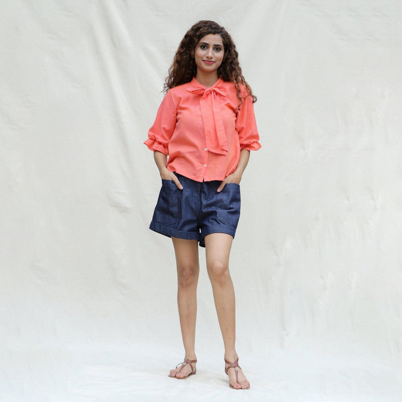 Front View of a Model wearing Salmon Pink Mangalgiri Cotton Button-Down Shirt