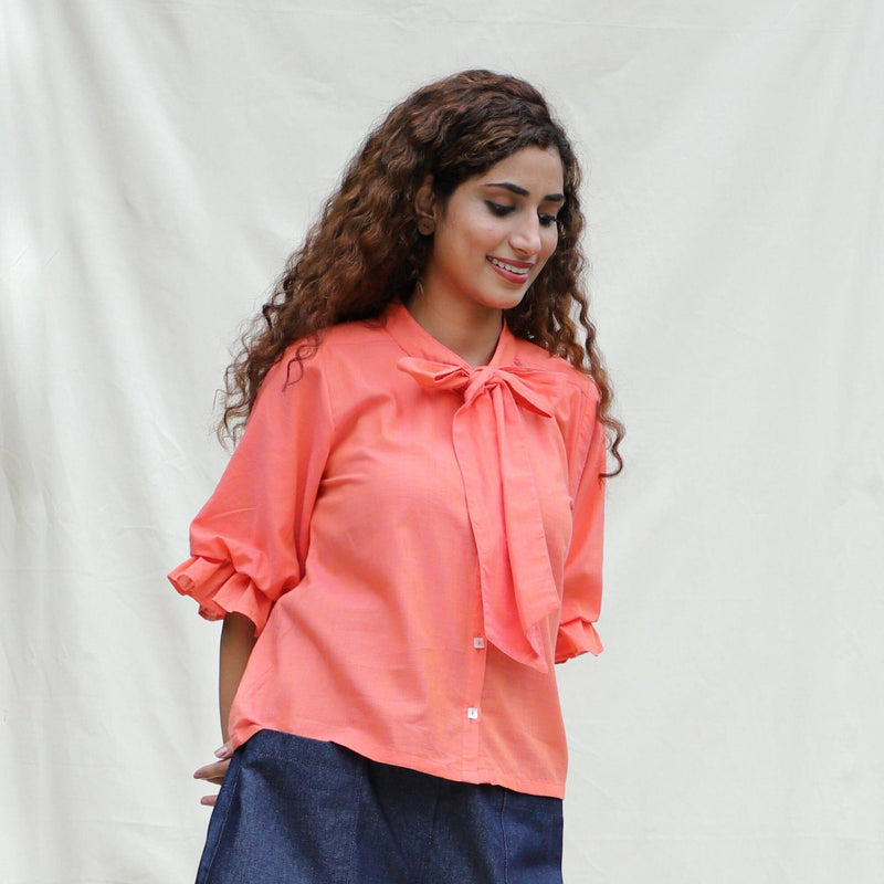 Right View of a Model wearing Salmon Pink Mangalgiri Cotton Button-Down Shirt