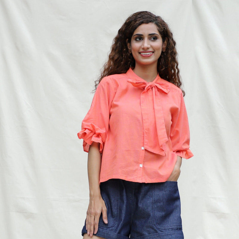 Front View of a Model wearing Salmon Pink Mangalgiri Cotton Button-Down Shirt