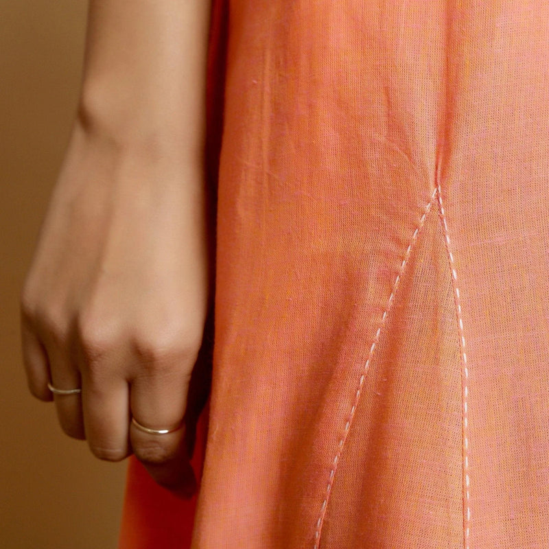 Close View of a Model wearing Salmon Pink Mangalgiri Cotton Godet Maxi Dress