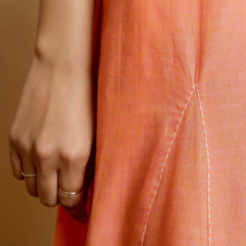 Close View of a Model wearing Salmon Pink Mangalgiri Cotton Flared Dress