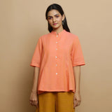 Front View of a Model wearing Salmon Pink Mangalgiri Cotton Godet Princess Line Outerwear