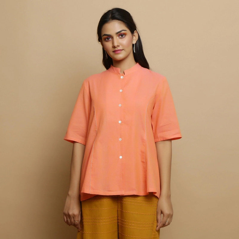 Front View of a Model wearing Salmon Pink Mangalgiri Cotton Godet Princess Line Outerwear