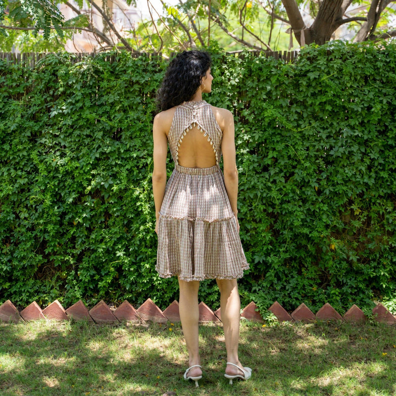 Salmon Pink Yarn Dyed Crinkled Cotton Halter Neck Tier Boho Dress