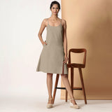 Front View of a Model wearing Sand Beige Cotton Flax Strappy Slit Dress