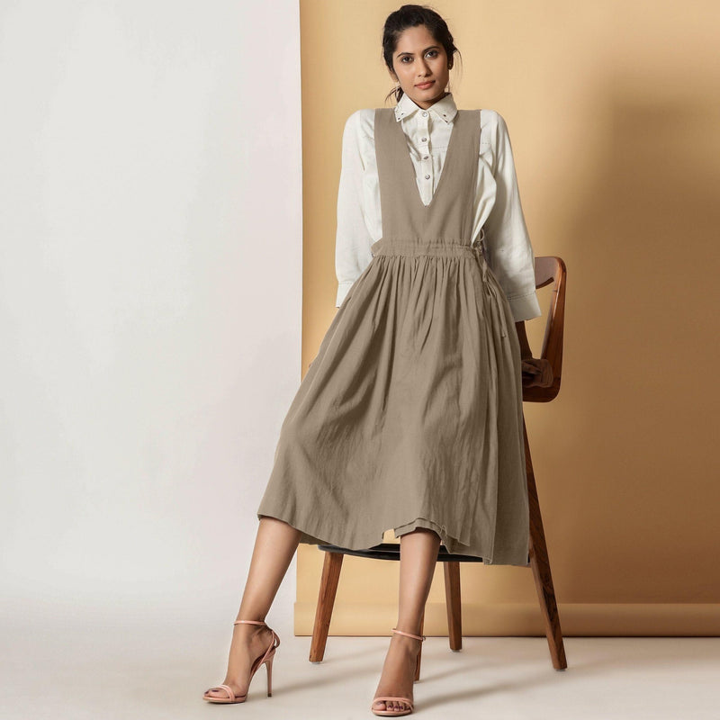 Front View of a Model wearing Sand Beige Cotton Flax Pinafore Midi Wrap Dress