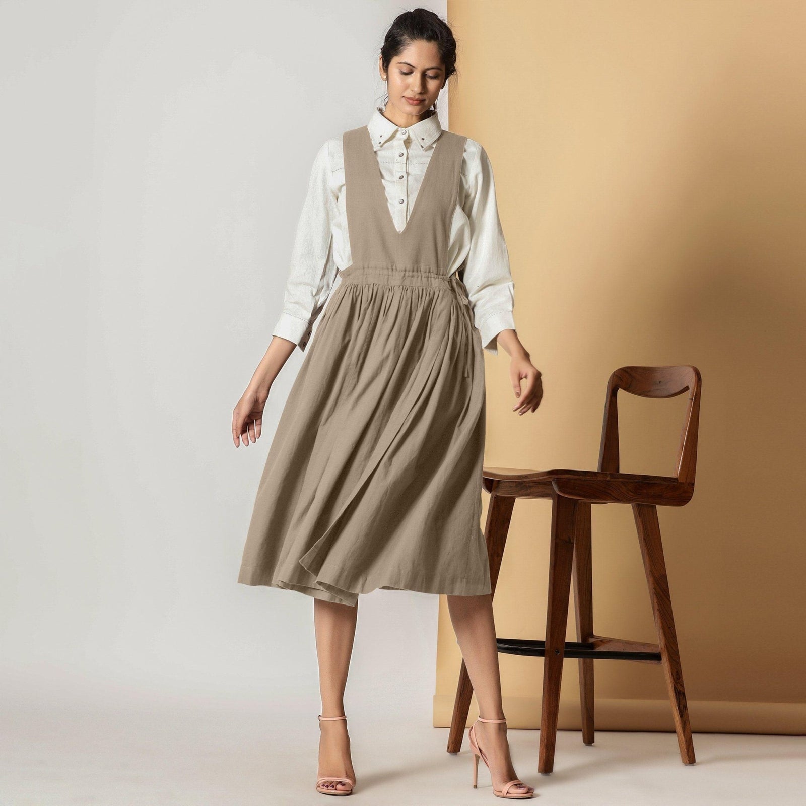 Sand Beige Cotton Flax Pinafore Midi Wrap Dress 38