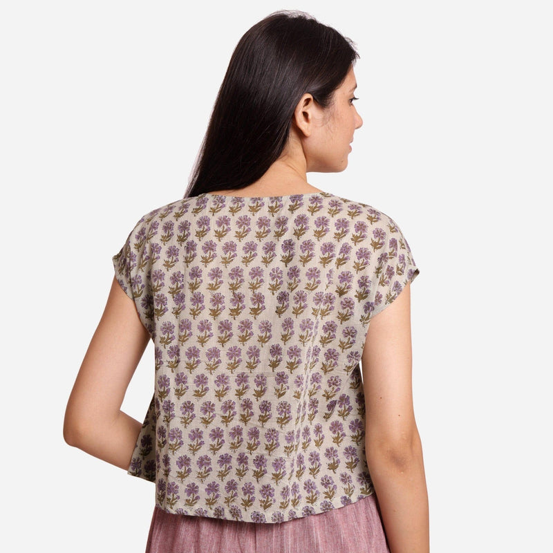 Back View of a Model wearing Sanganeri Print Short Asymmetric Blouse