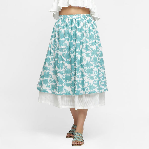 Front View of a Model wearing Sanganeri Block Print Cotton Layered Maxi Skirt